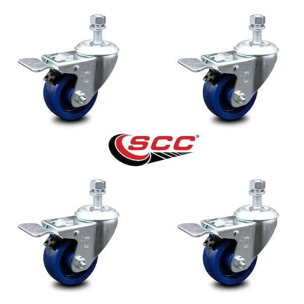 3 Inch Solid Polyurethane Swivel 10mm Stem Caster Set with Total Lock Brake